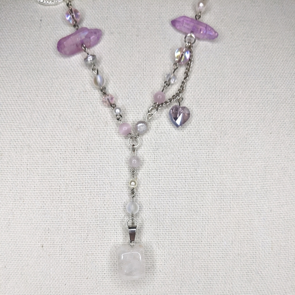 Necklace with pearls purple and pink crystal beads and chain Handmade by me. - Picture 3 of 7